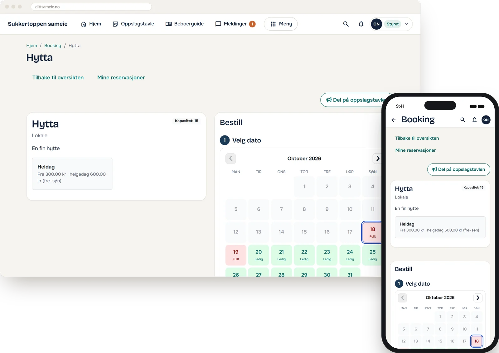 Bookingkalender for fellesrom med ledige datoer, på PC og mobil