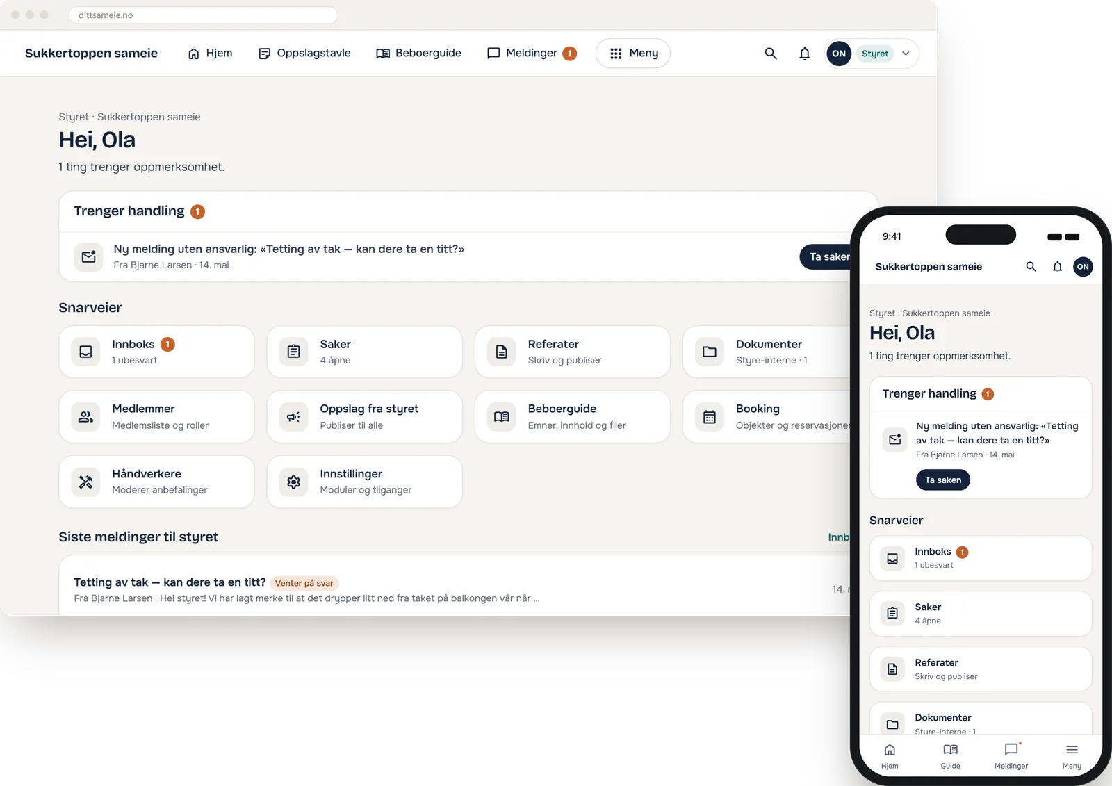 Styrets dashboard med saker som trenger handling og snarveier